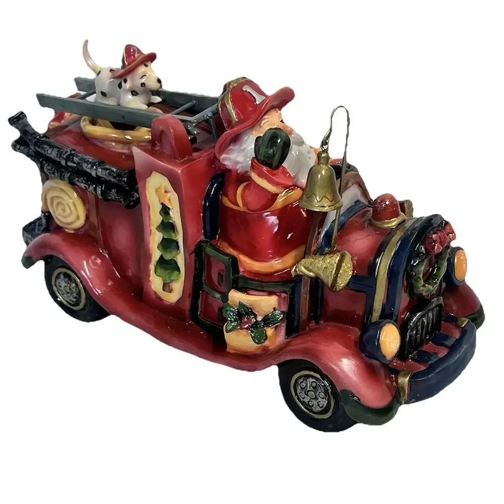 Vintage Roman Inc Music Box Santa Fireman Firetruck Figurine Christmas *Damaged*